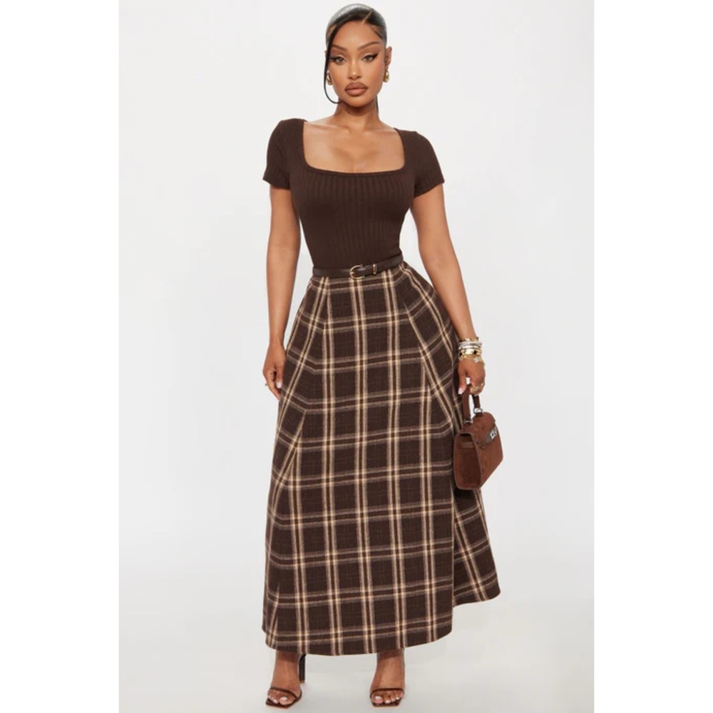 NWOT Plaid Brown Maxi Skirt